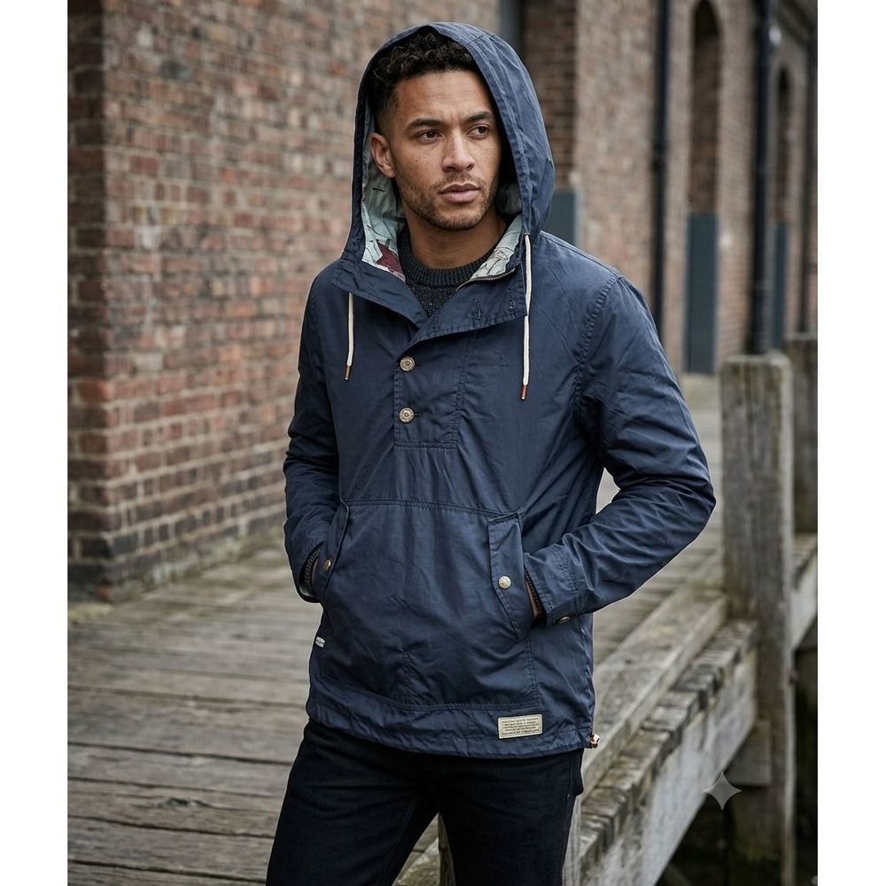 Roark Anorak Jacket Mens Medium Navy Blue Button Placket Lightweight Hooded